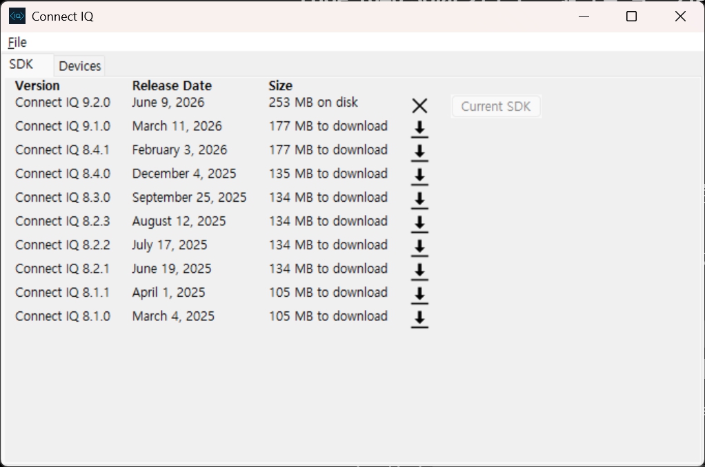 Connect IQ 9.2.0 SDK 설치 완료 및 Current SDK 확인 화면