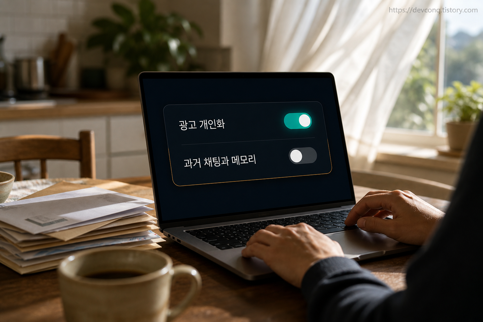 광고 설정 화면에서 광고 개인화와 과거 채팅&middot;메모리 토글을 살펴보는 장면