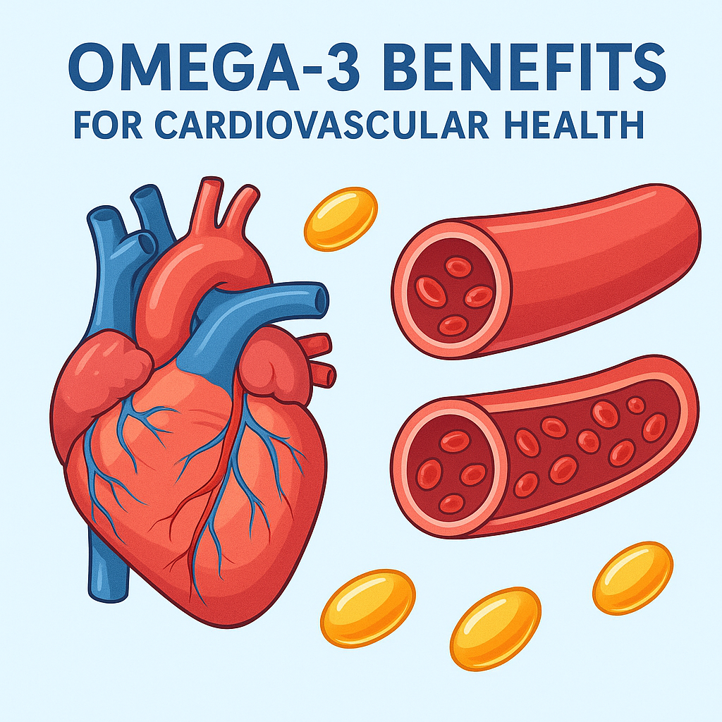 심장과 혈관을 중심으로, 오메가 3 영양소가 혈액을 맑게 흐르게 하는 모습을 시각화