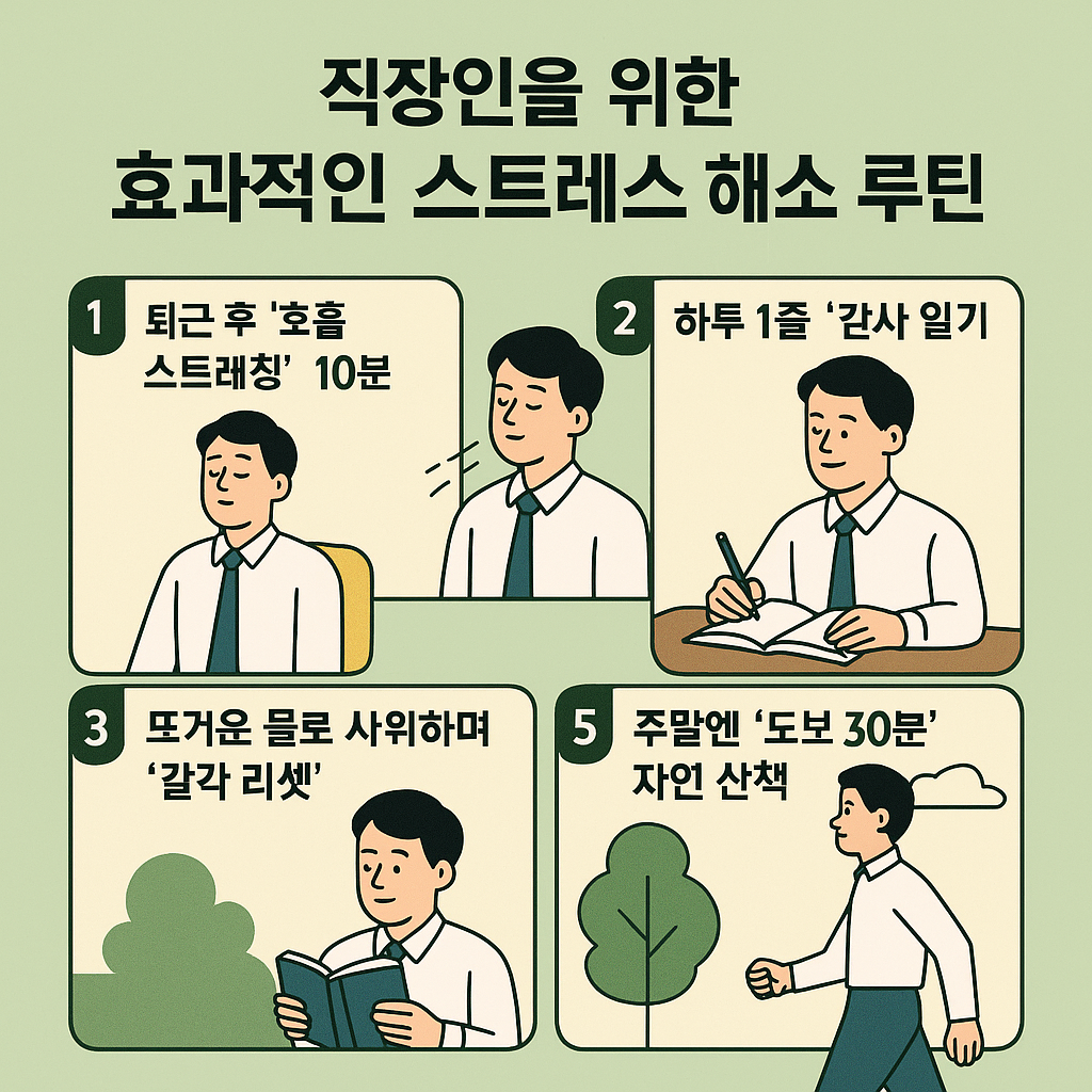 직장인을 위한 스트레스 해소 루틴 인포그래픽 - 호흡, 일기쓰기, 샤워, 독서, 산책