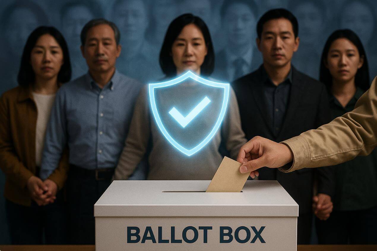 투표함에 투표지를 넣는 장면과 선거 보안 상징 표시.