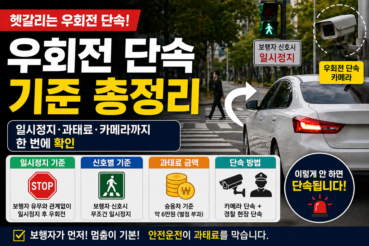 우회전 중 보행자 때문에 급정지하는 상황과 교통사고 위험을 보여주는 이미지