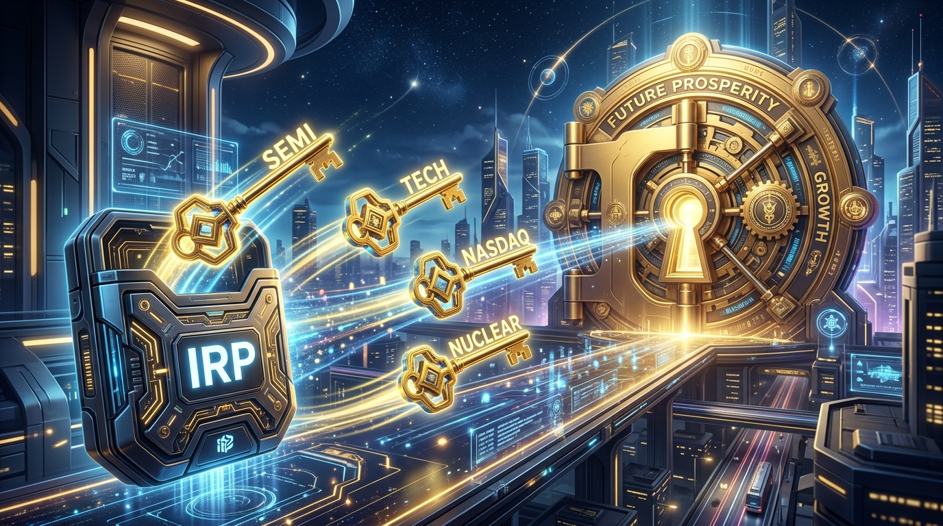 아빠의 IRP 계좌 주머니 안에 4개의 황금 열쇠(반도체, 빅테크, 나스닥, 원전)가 반짝이고 있고, 그 열쇠들이 10년 뒤 거대한 자산의 문을 여는 3D 그래픽