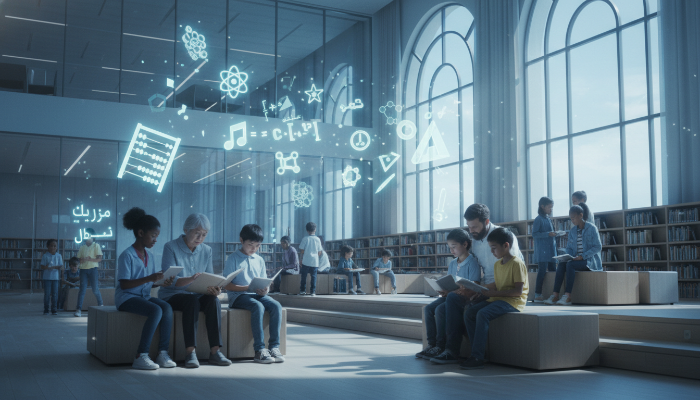 다양한 인종의 아이들이 모여 책과 디지털 기기로 공부하며 소통하는 평화로운 도서관의 모습