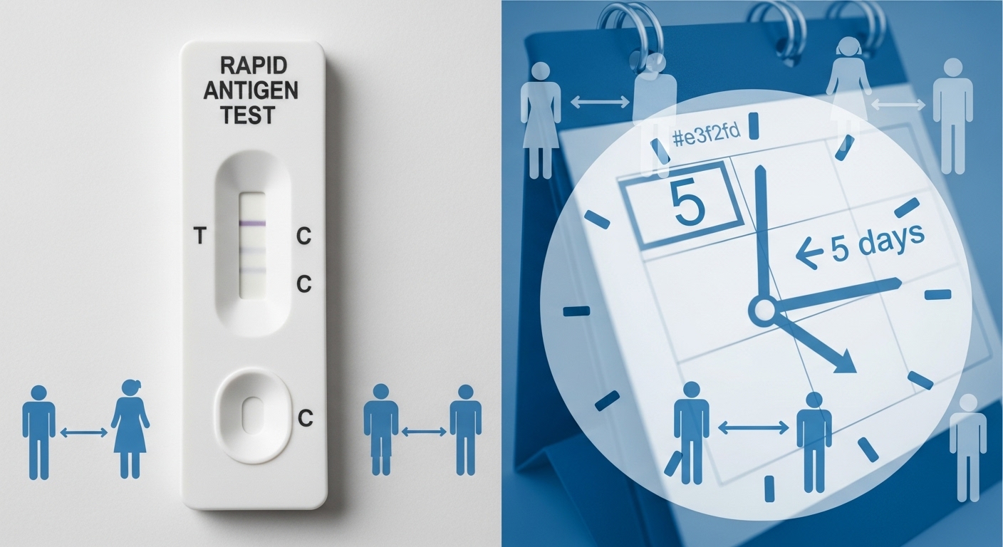 자가 키트 양성 반응과 5일간의 자율 격리를 나타내는 이미지. 2025년 코로나 검사와 격리 권고.