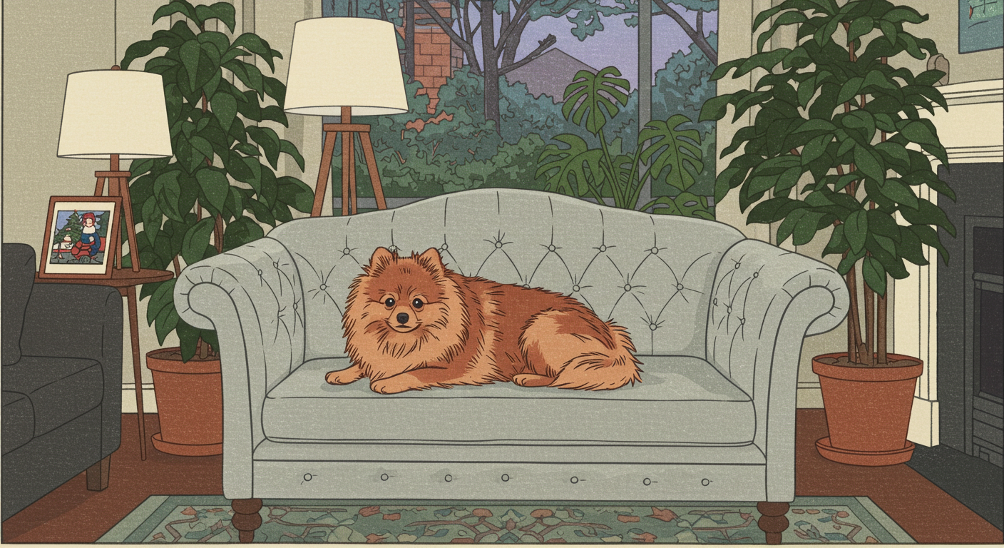 거실소파에 엎드려 있는 포메라니안