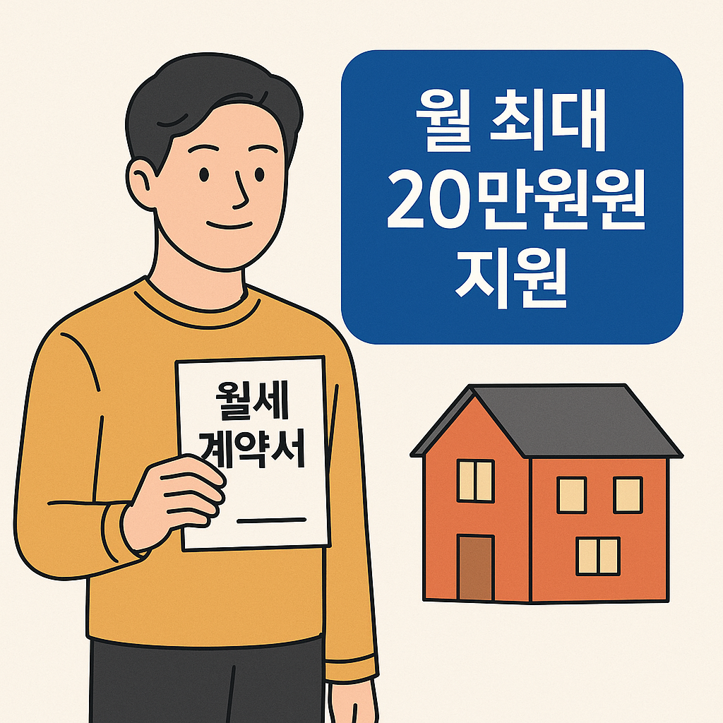 월 최대 20만원 지원 문구와 월세 계약서를 들고 있는 사람 이미지