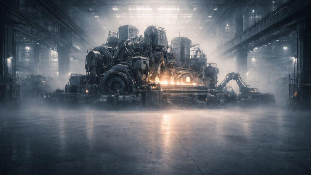 거대한 자동화 기계가 작동하는 산업 공장 내부. 로봇 팔과 금속 장비가 가득하며 사람은 전혀 보이지 않는 광활한 공간
