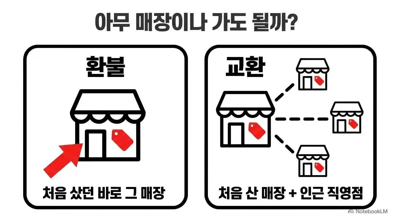 다이소 환불은 구매한 매장에서, 교환은 인근 직영점에서도 가능한 안내 이미지