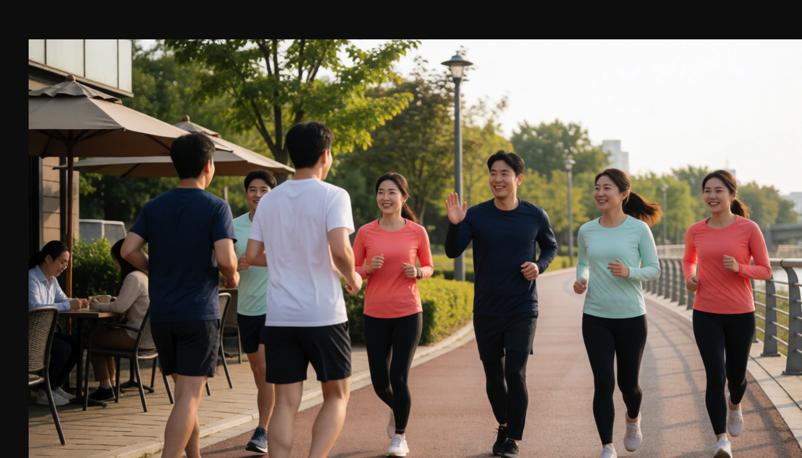 강변 공원 길에서 달리며 손을 들어 인사하는 성인들과 마주 오는 두 사람