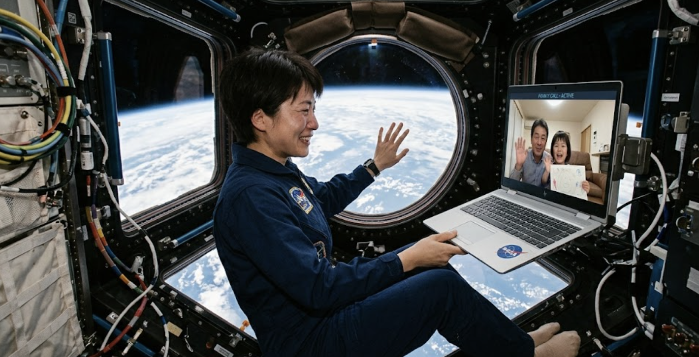 우주정거장 내부에서 노트북 화면을 통해 지구에 있는 가족과 화상 통화를 하며 환하게 웃고 있는 여성 우주인의 모습