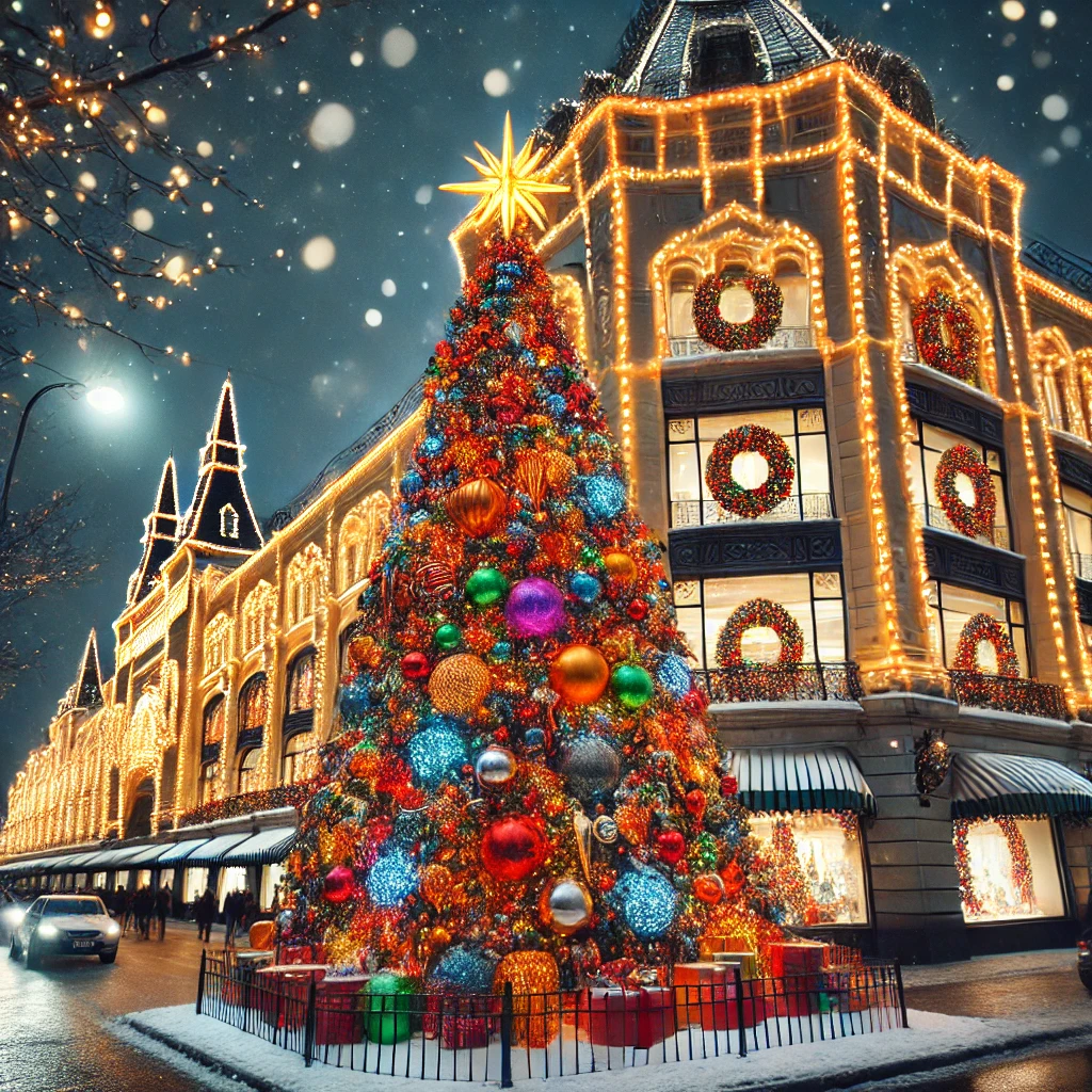 백화점 건물 앞에 크리스마스 트리 장식이 있는 모습