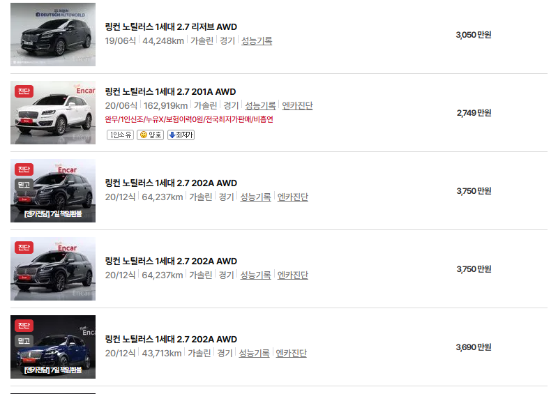 링컨 노틸러스 중고차 가격 시세표 연비