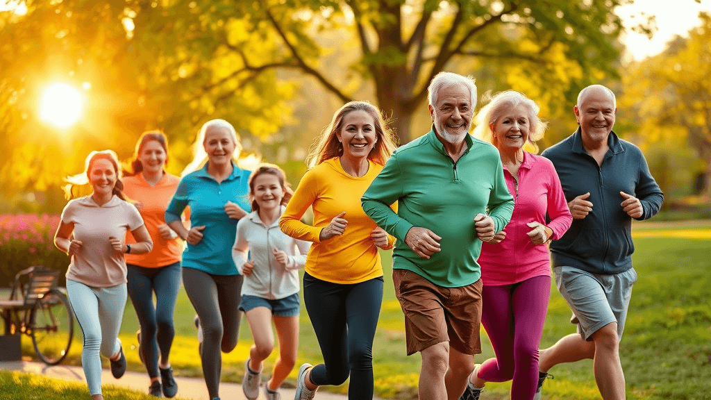 공원에서 웃으며 슬로우 조깅하는 사람들