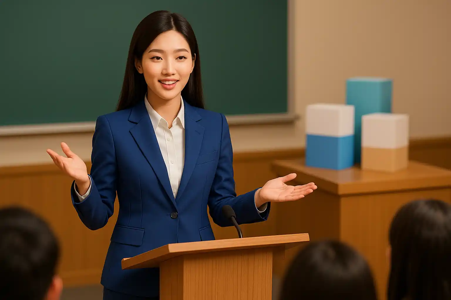 정장을 입은 동양인 여성이 대학교 강단에서 제품을 배경으로 청중에게 프레젠테이션하는 장면