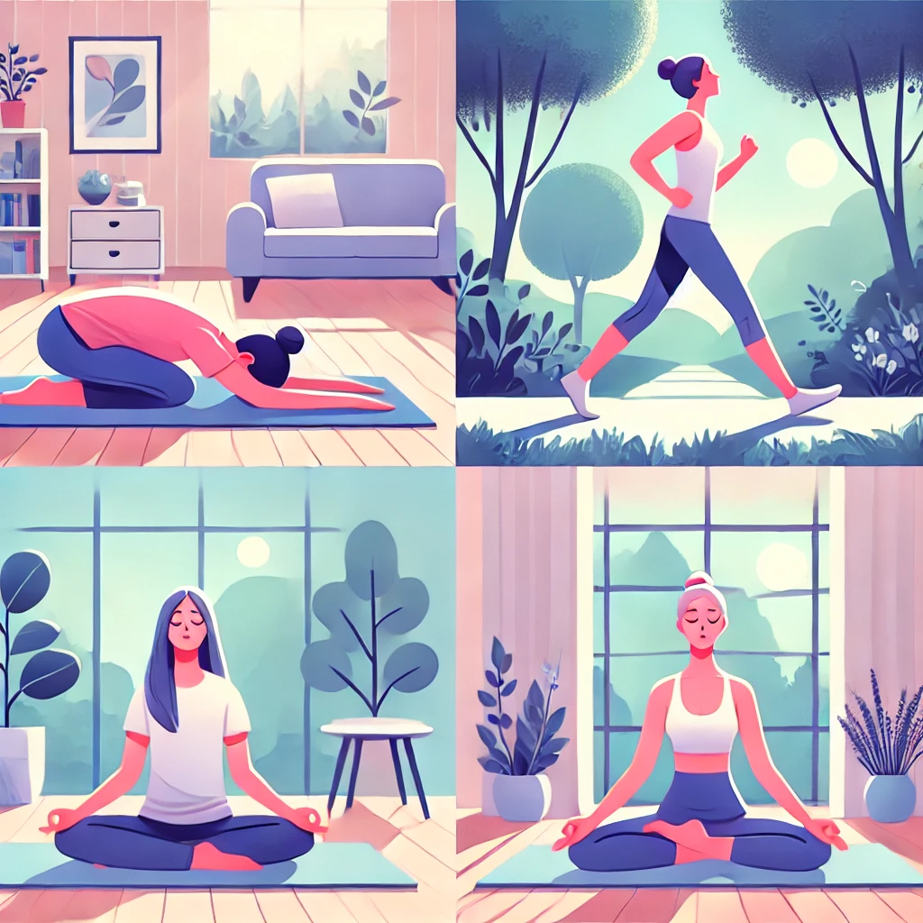 속쓰림 완화에 좋은 4가지 운동 – 요가, 걷기, 필라테스, 호흡 운동을 하는 사람들의 모습.