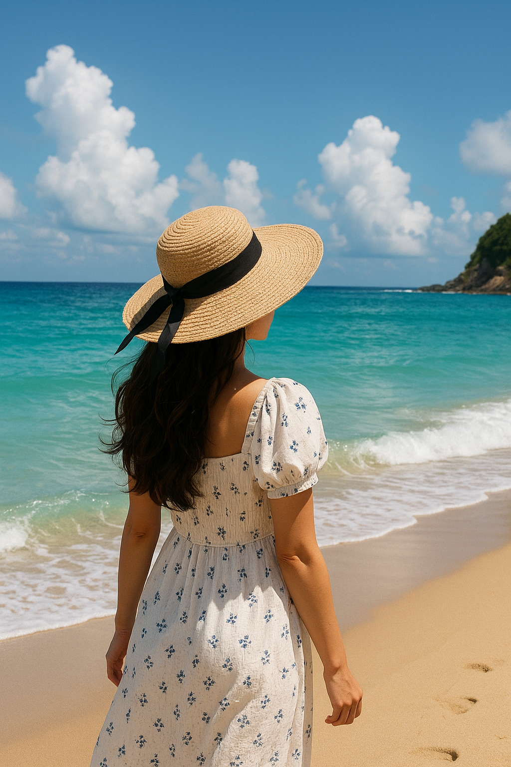 바다를 바라보고 있는 모자를 쓴 여성 사진