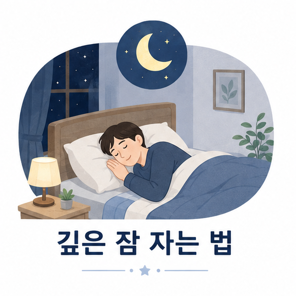 조용한 침실에서 편안하게 자는 사람과 달 아이콘으로 깊은 잠 자는 법을 표현한 대표 이미지
