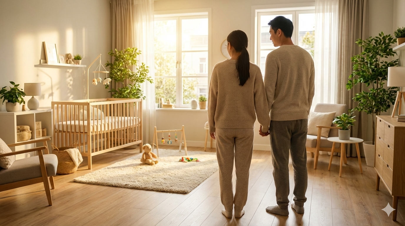 아기 방 인테리어가 된 아파트 거실을 바라보는 부부의 뒷모습