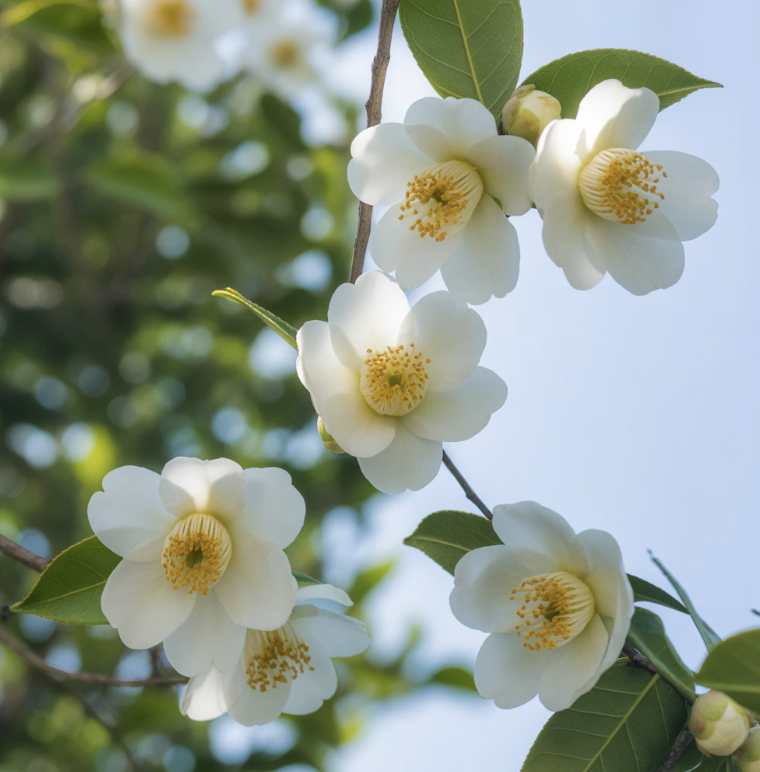 여름 숲에 피어나는 순백의 동백꽃