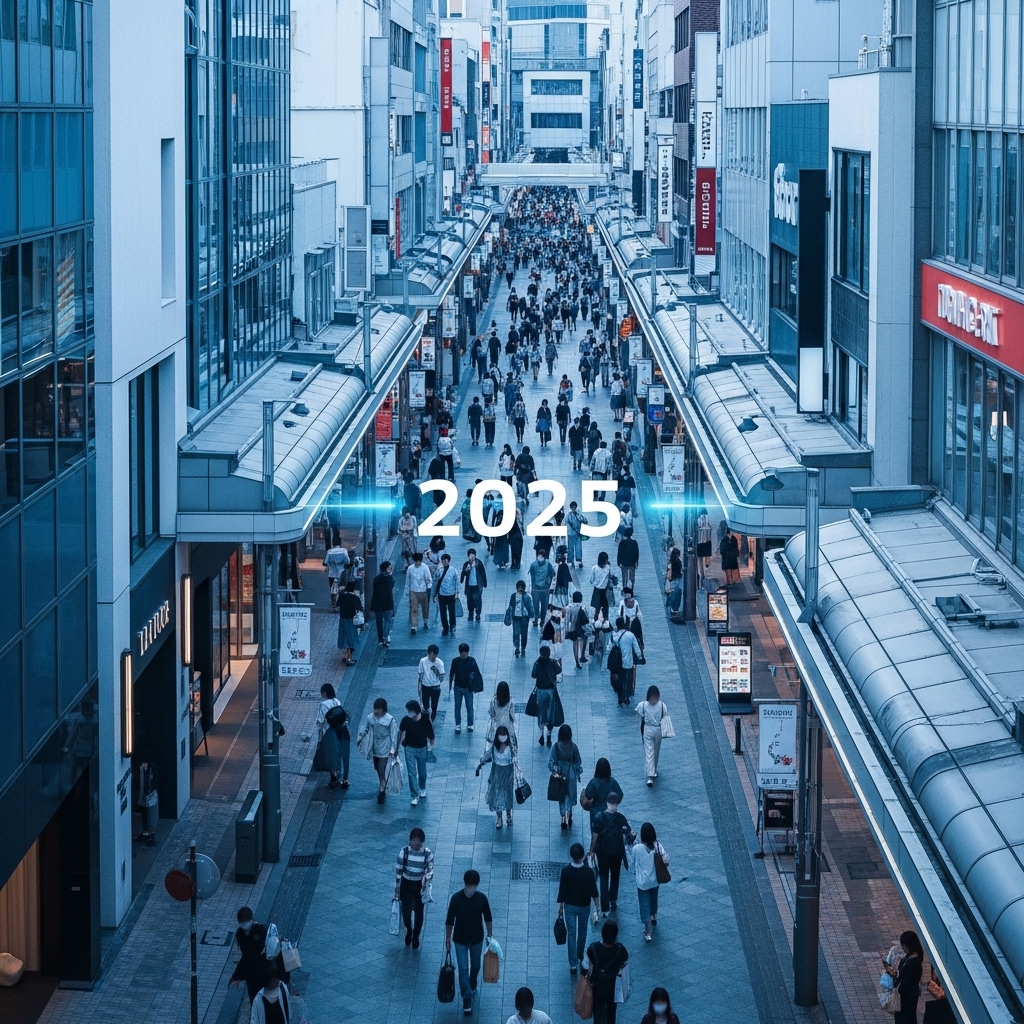 2025년 후쿠오카 텐진 거리의 활기찬 쇼핑 풍경. 사람들이 쇼핑백을 들고 거리를 거닐고 있으며, 세련된 상점들이 즐비하다.