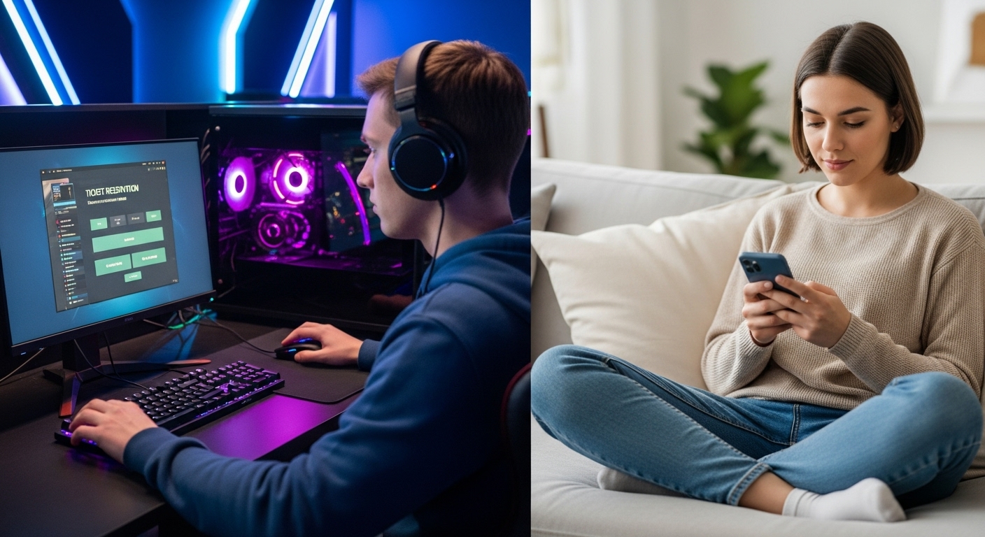 PC방에서 빠른 인터넷으로 예매하는 모습과 집에서 모바일로 편안하게 예매하는 모습을 대비하여 보여주는 이미지.