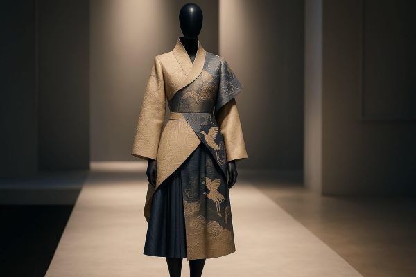 전통 섬유와 현대 패션이 조화를 이룬 아방가르드 의상을 입은 마네킹