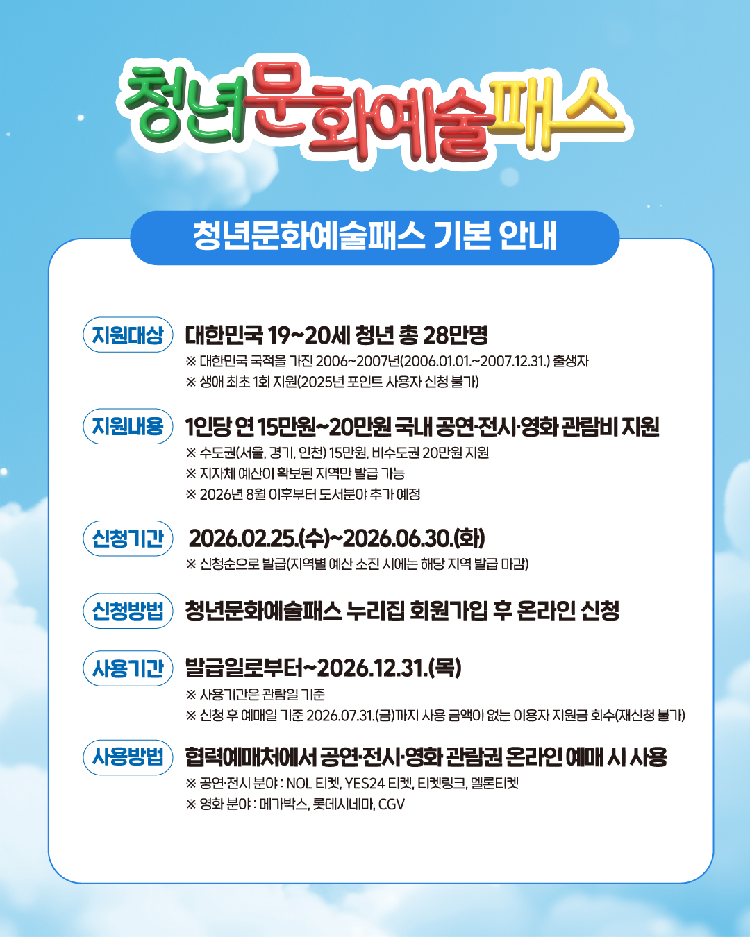 ▲ 2026 청년문화예술패스 신청 방법 가이드: 15만 원 혜택 놓치지 마세요! (출처 : 서울특별시)