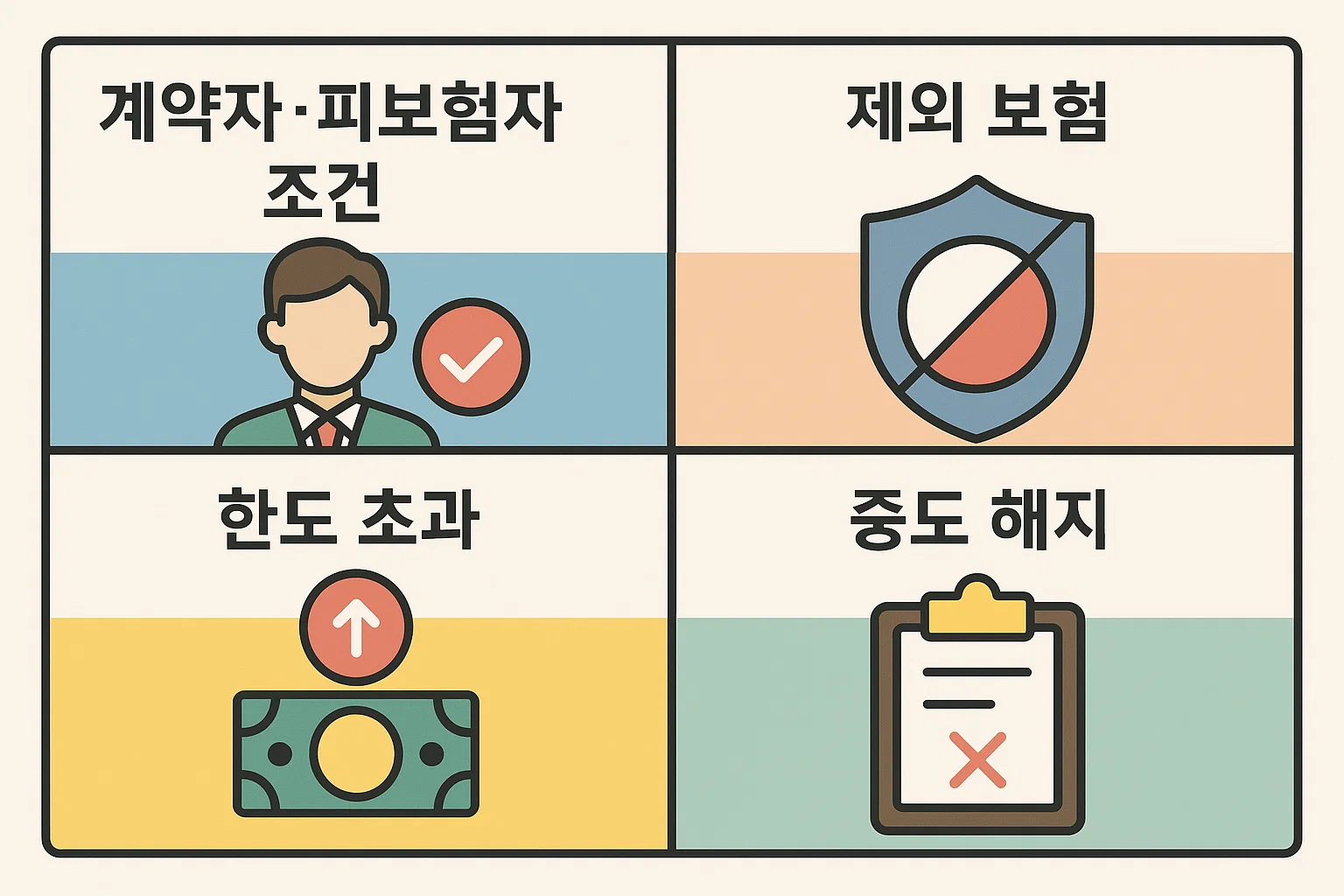 계약자&middot;피보험자 조건, 제외 보험, 한도 초과, 중도 해지 등 보장성보험 소득공제 시 유의해야 할 주요 항목을 정리한 인포그래픽입니다.