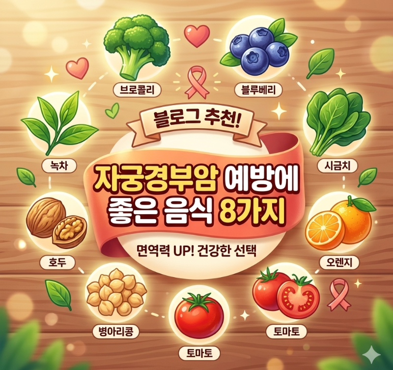 alt="자궁경부암 예방에 좋은 음식 8가지(브로콜리, 블루베리, 시금치, 오렌지, 토마토, 병아리콩, 호두, 녹차)가 담긴 블로그 썸네일 이미지"