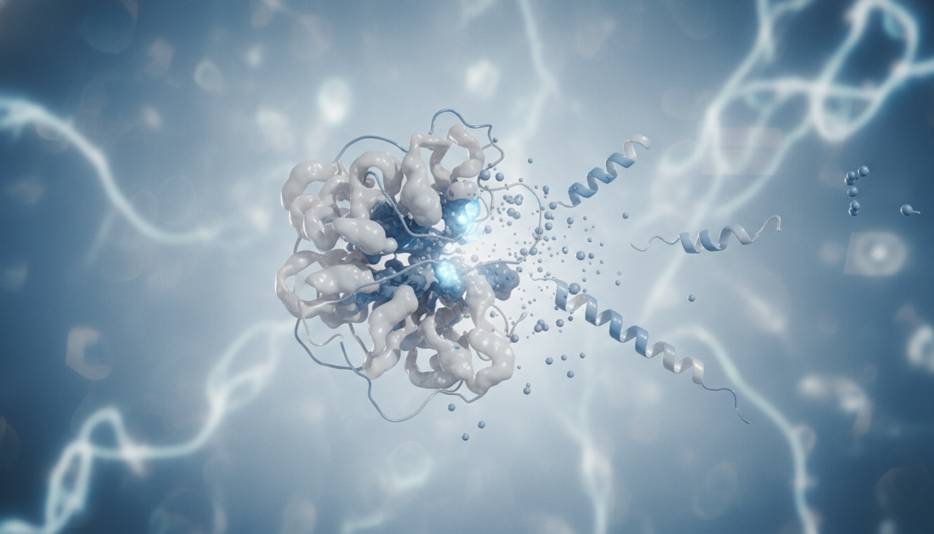 단백질 분자가 더 작은 펩타이드로 분해되는 가수분해 과정을 보여주는 깨끗하고 현대적인 과학 시각화. 부드러운 파란색과 흰색의 의학적 배경, 높은 디테일.