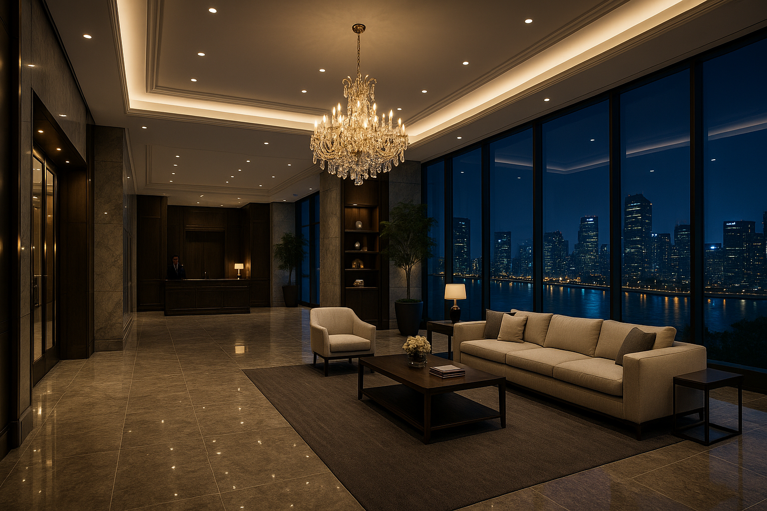 하이앤드 오피스텔 고급 로비 내부, 대리석 바닥과 샹들리에, 대형 통창 너머 도시 야경이 보이는 모습