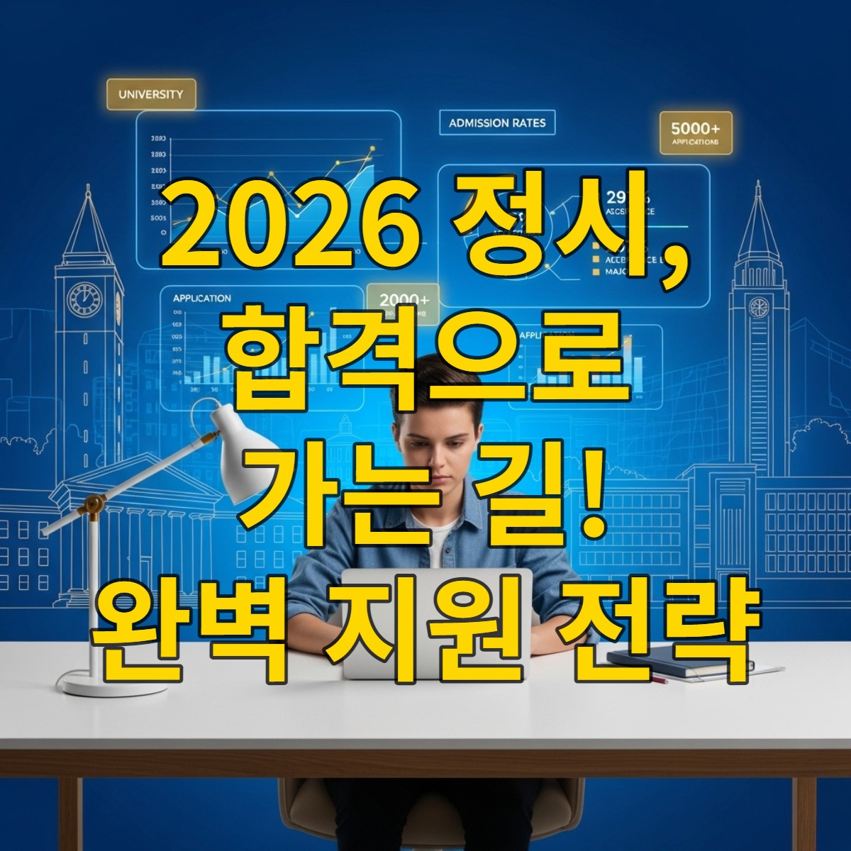 책상에 앉아 2026학년도 정시 지원 전략을 세우는 학생의 모습, 주변에는 대학 건물과 데이터 분석 그래프가 추상적으로 표현되어 있다.