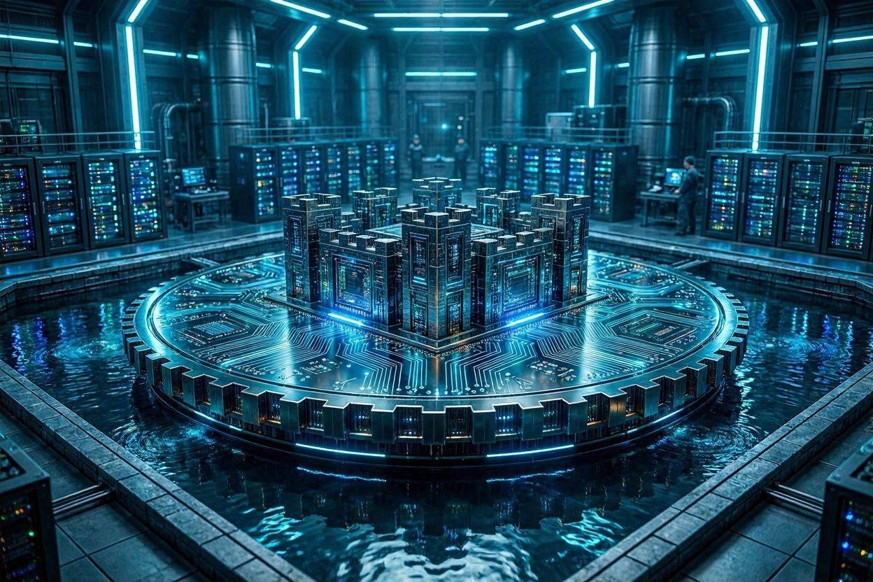 An artistic representation of SK Hynix's HBM technology as a fortified castle with a moat, symbolizing a strong competitive advantage in the AI era.