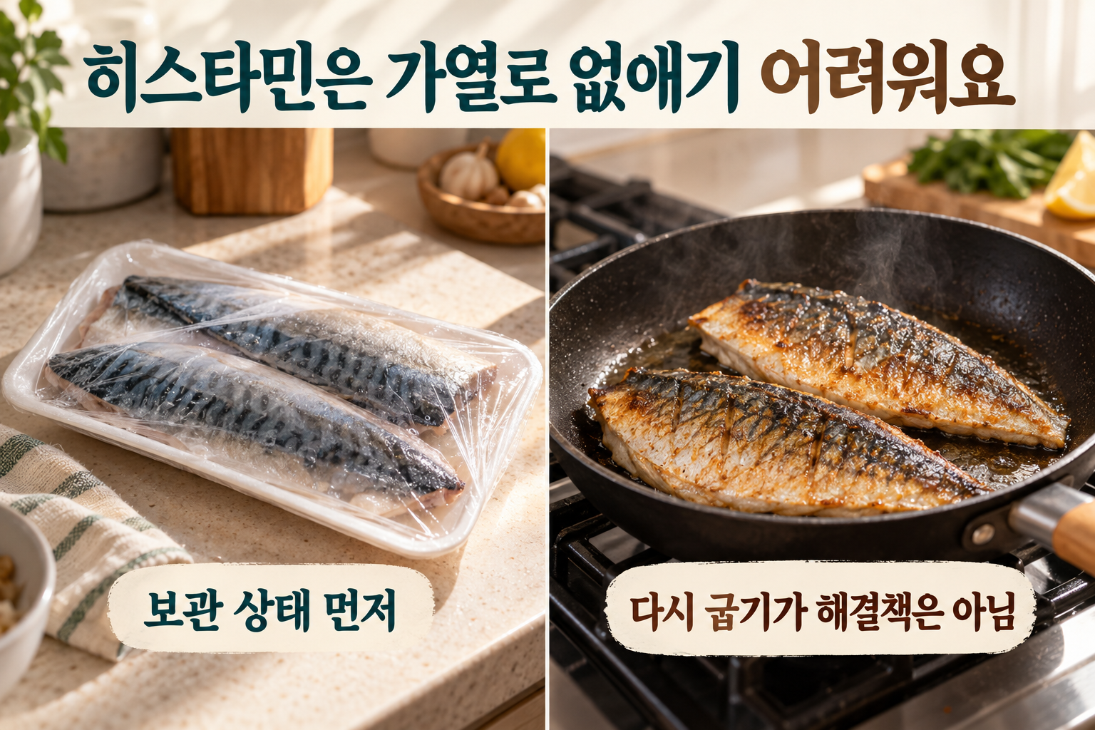 실온에 방치된 포장 생선과 다시 굽는 장면을 나란히 보여주는 보관 주의 그림.