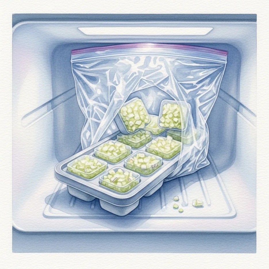 다진 양파를 얼음 틀에 얼려 보관하는 모습