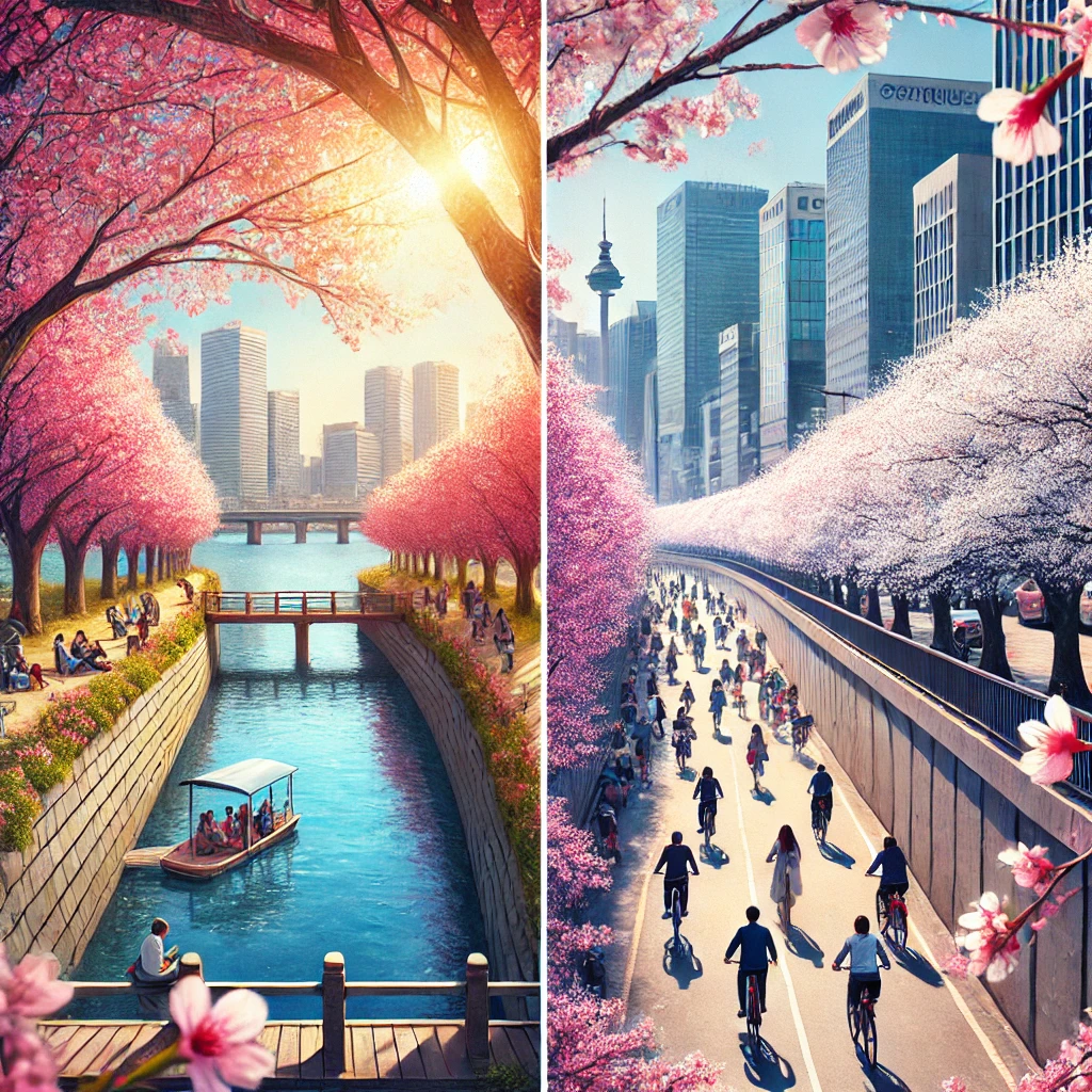 두개의 다른 도시의 벛꽃 이미지