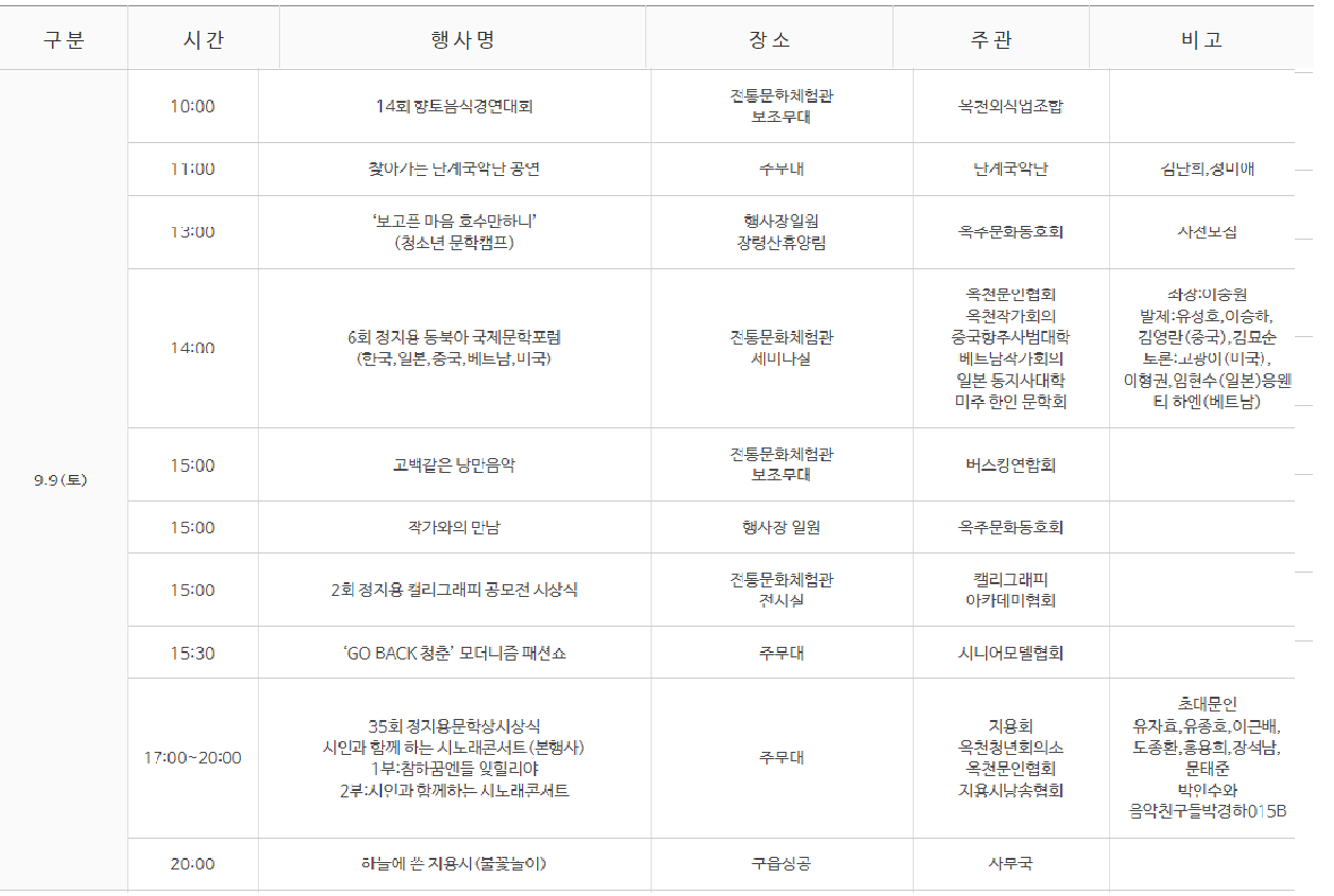 옥천 지용제 축제 일자별 프로그램