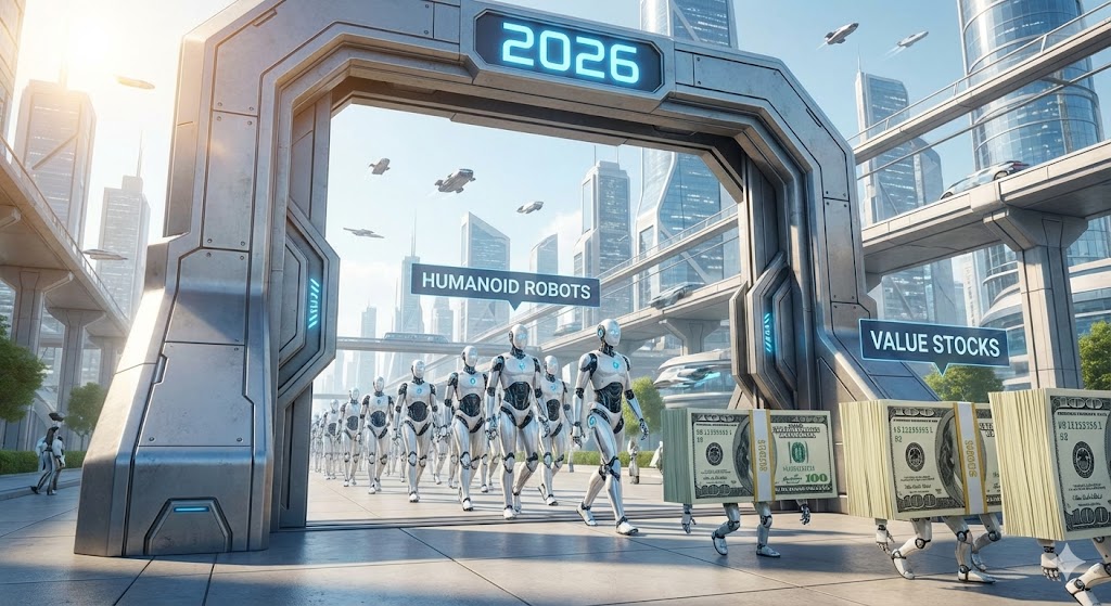 2026년의 문이 열리고, 그 안에서 휴머노이드 로봇과 가치주(돈다발)가 함께 걸어 나오는 모습
