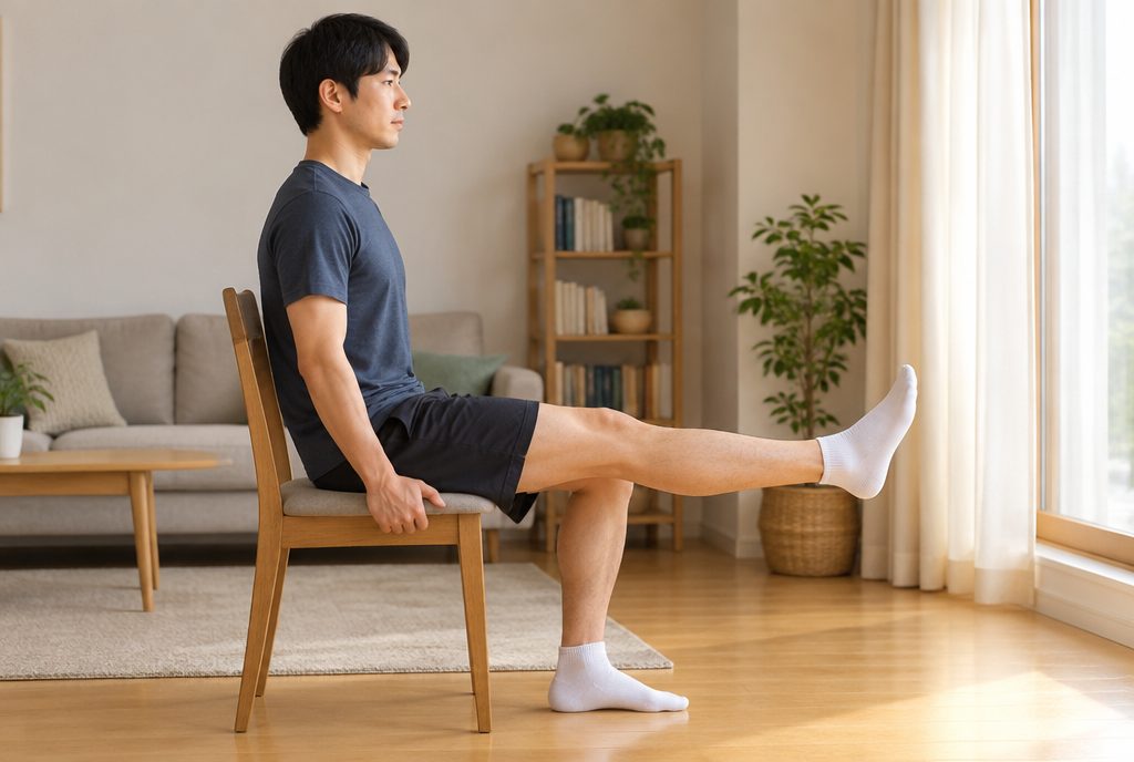 의자에 앉아 무릎 펴기 운동을 하는 남성