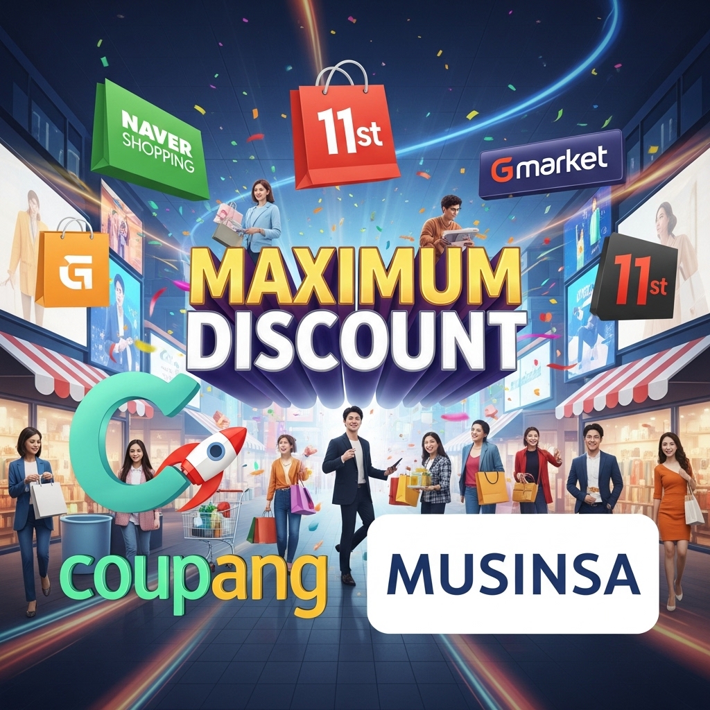 한국의 대형 쇼핑몰 로고(쿠팡, 무신사 등 상징적인 이미지)와 '최대 할인' 문구가 강조된 역동적인 쇼핑 이미지
