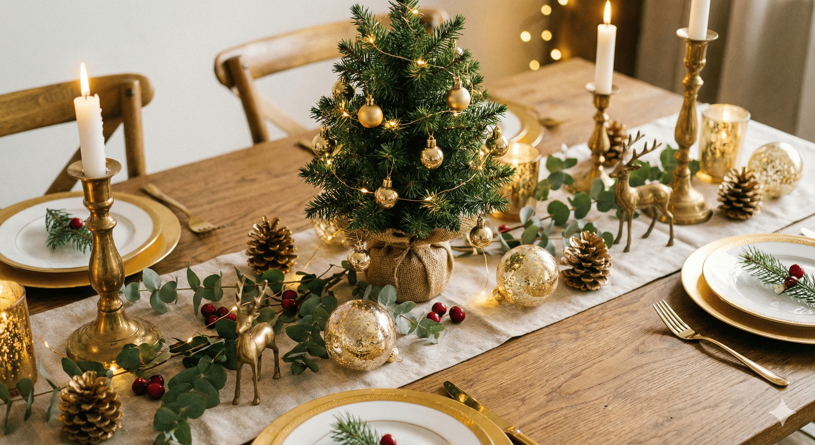 table decorated with mini Christmas tree and gold ornaments