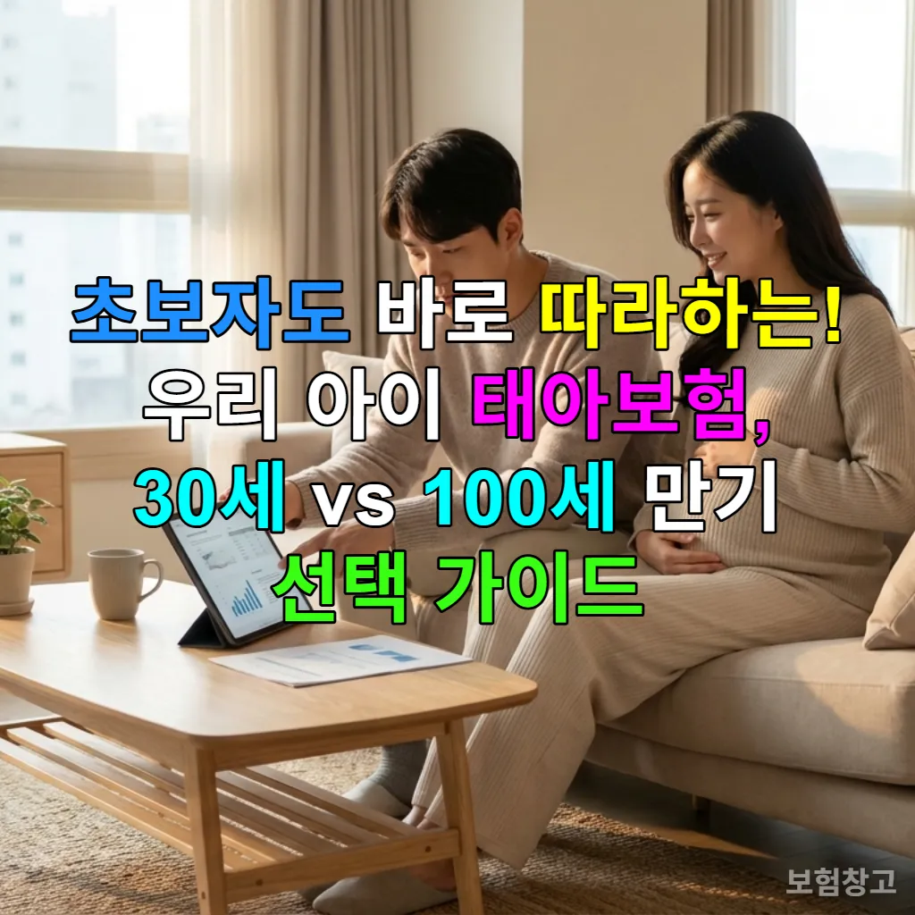 한국인 예비 부모가 집에서 태아보험 서류를 검토하며 아이의 미래를 계획하는 모습