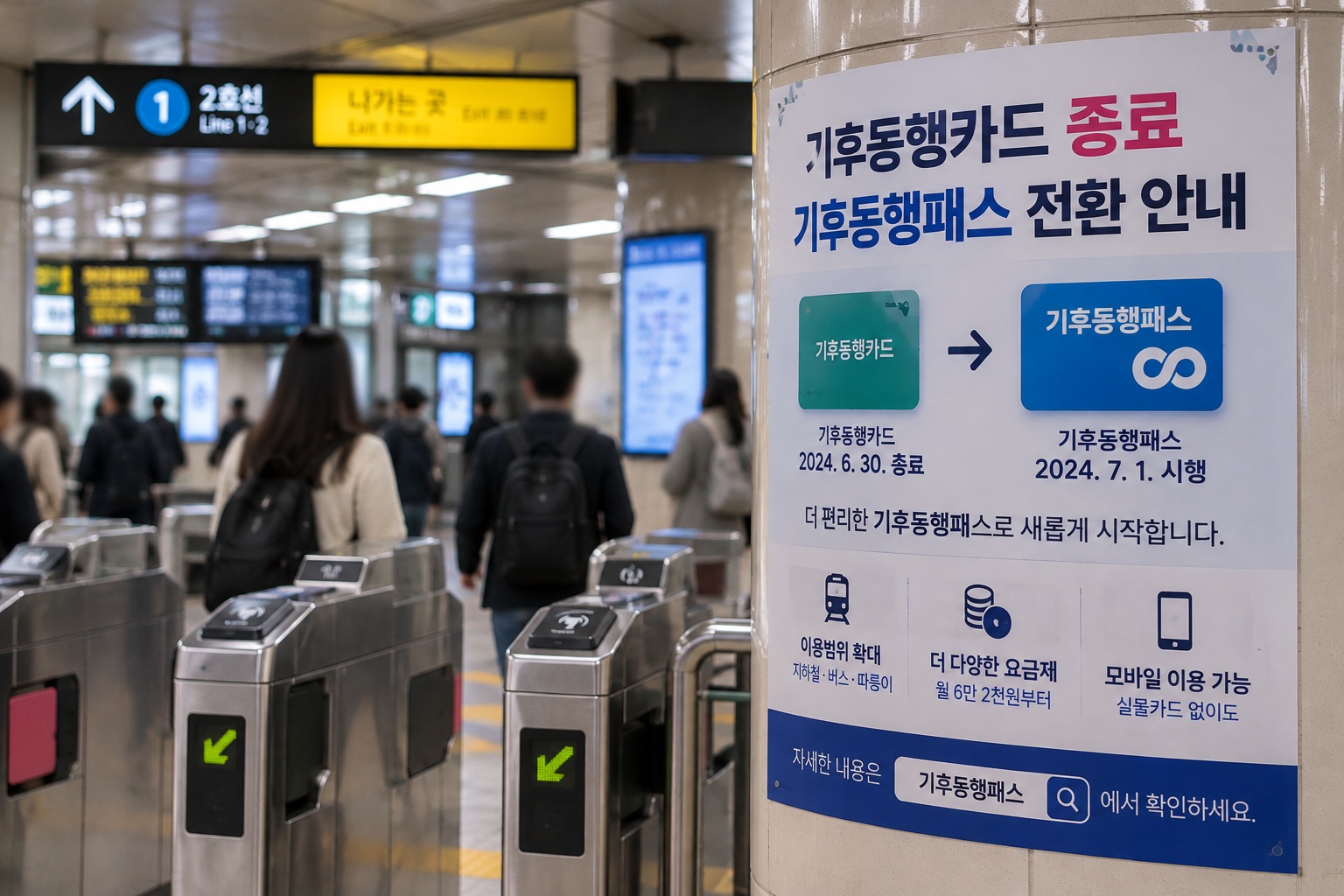 지하철 개찰구 옆 기후동행카드 종료 및 기후동행패스 전환 안내문 예시 이미지