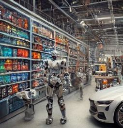 산업용 로봇이 자동차 공장에서 부품을 조립하는 모습