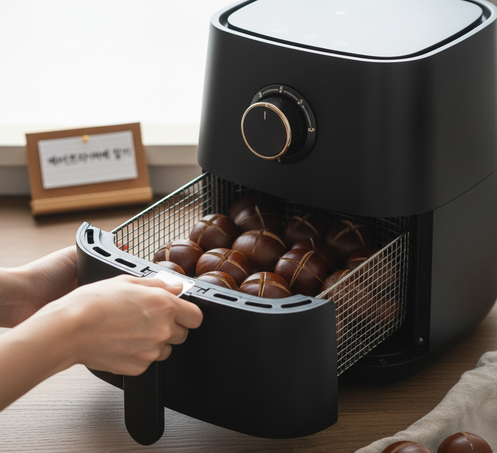 에어프라이어 바스켓에 칼집 낸 밤을 담은 모습