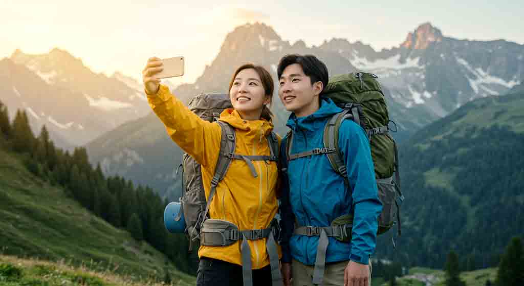 알프스를 배경으로 기념 촬영하는 커플 사진