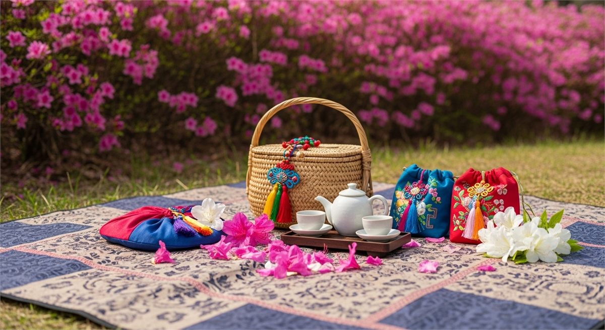 봄 축제 감성을 담은 피크닉 소품과 꽃잎 연출 장면 