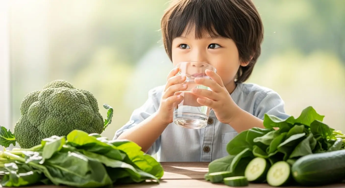 물을 마시고 브로콜리와 같은 녹황색 채소를 먹으며 건강을 챙기는 어린이