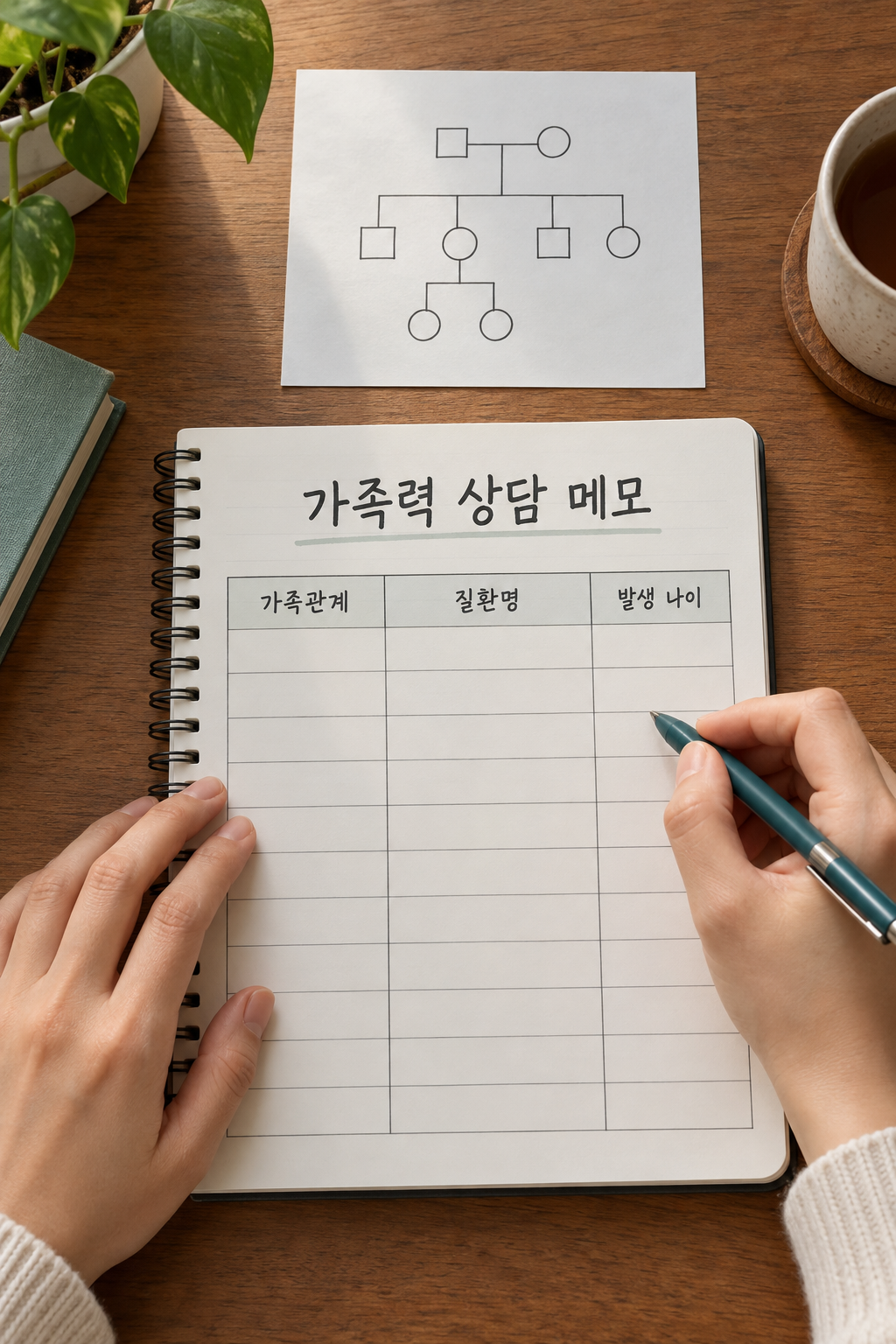 가족관계&middot;질환명&middot;발생나이를 정리하는 손과 메모